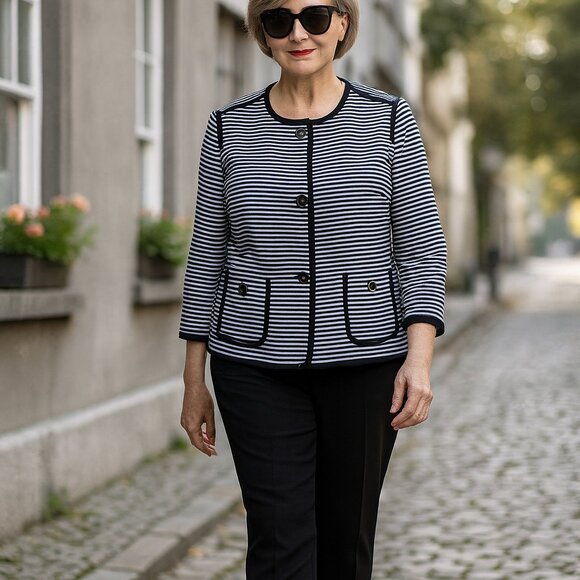 Talbots Black White Stripe Knit Blazer Buttons Trim Size 14 NWT - Picture 1 of 10